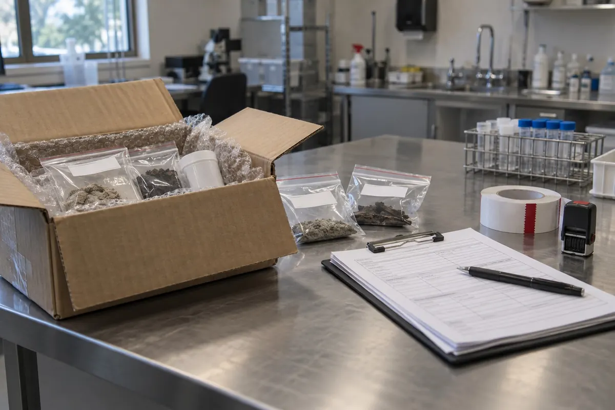 Illustration: a lab receiving counter with sample bags and custody forms, standing in for sample check-in