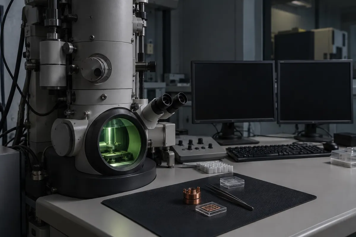 Illustration: an electron microscope console in a dim lab, standing in for TEM analysis