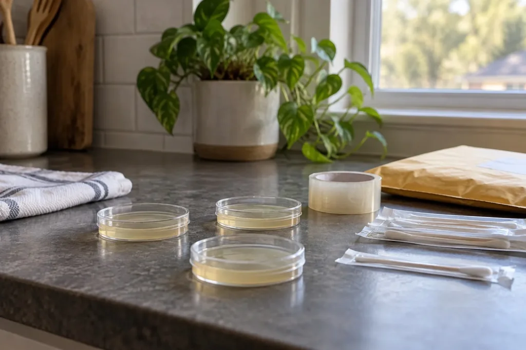 Illustration: home mold test supplies laid out on a kitchen counter