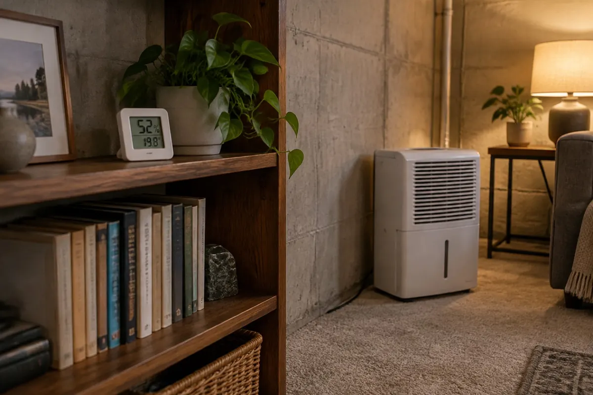 Illustration: a humidity monitor and dehumidifier in a finished basement