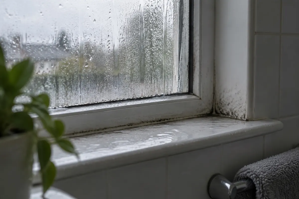 Illustration: condensation on a bathroom window, the kind of moisture to look for before buying a kit