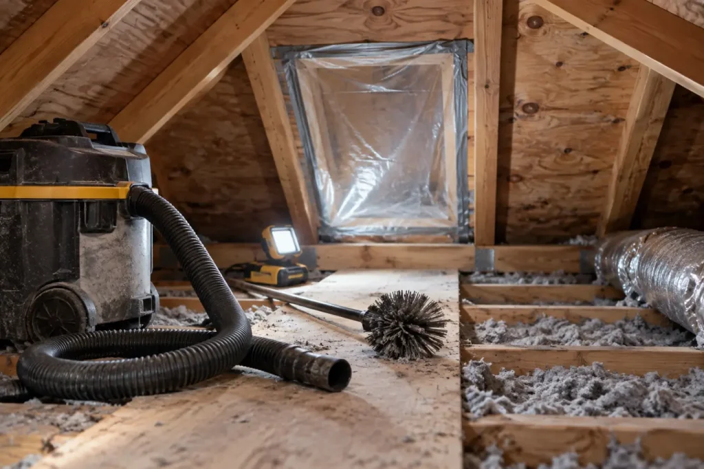 Illustration: an attic prepared for sheathing cleanup with the hatch sealed, a HEPA vacuum and a wire brush