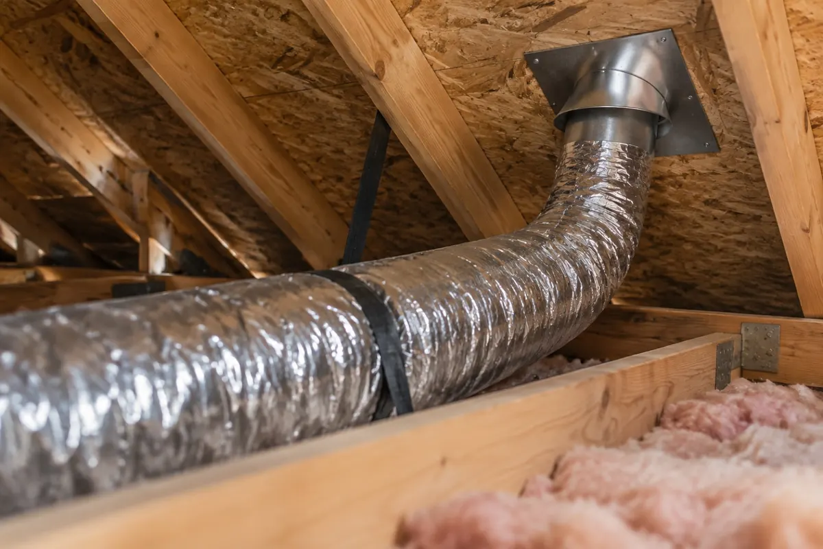 Illustration: a bathroom exhaust duct ducted across the attic to a roof termination