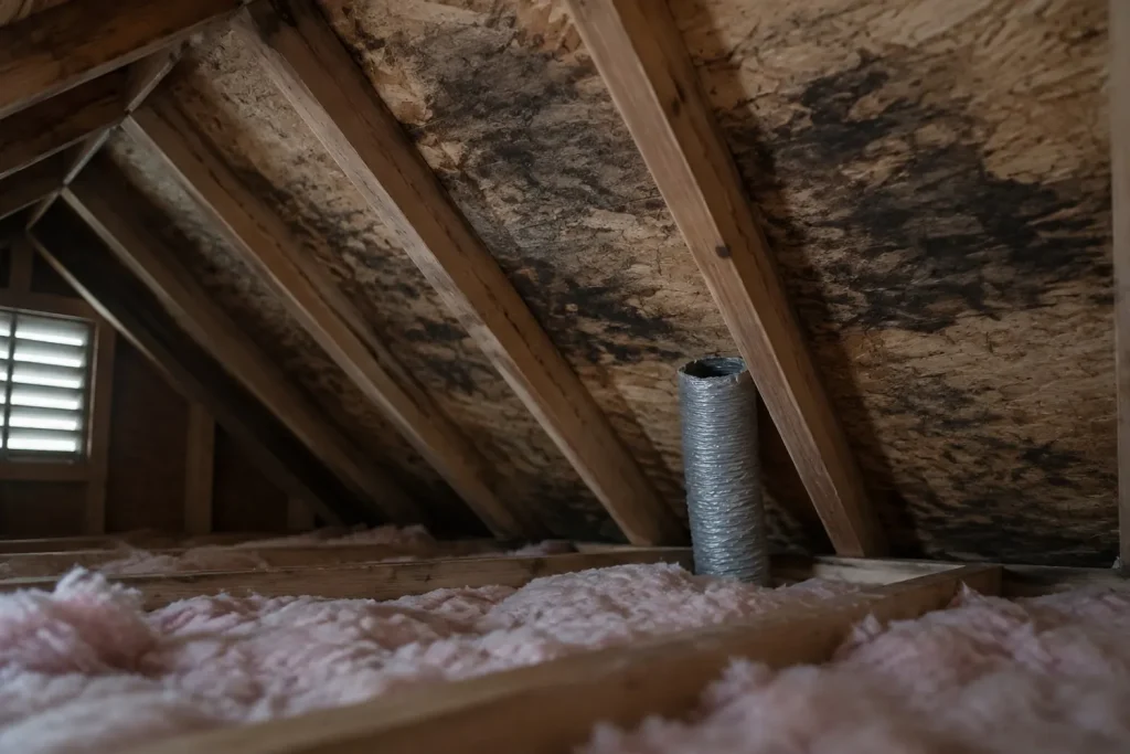 Illustration: an attic roof deck with dark patchy staining and a bathroom vent duct terminating short of the roof vent.
