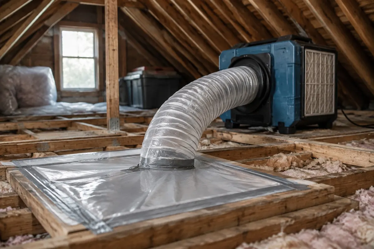 Illustration: an attic prepared for remediation with sheeting over the hatch and an air scrubber on the joists.