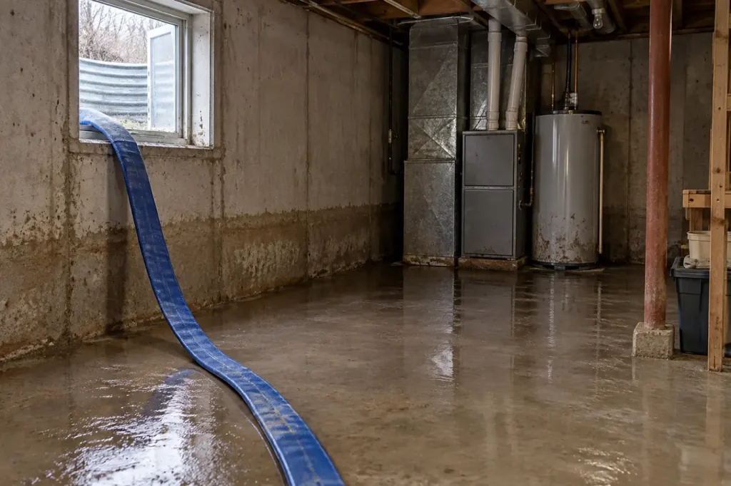 Illustration: a pumped-down basement with a silt line on the walls and a pump hose entering through the window