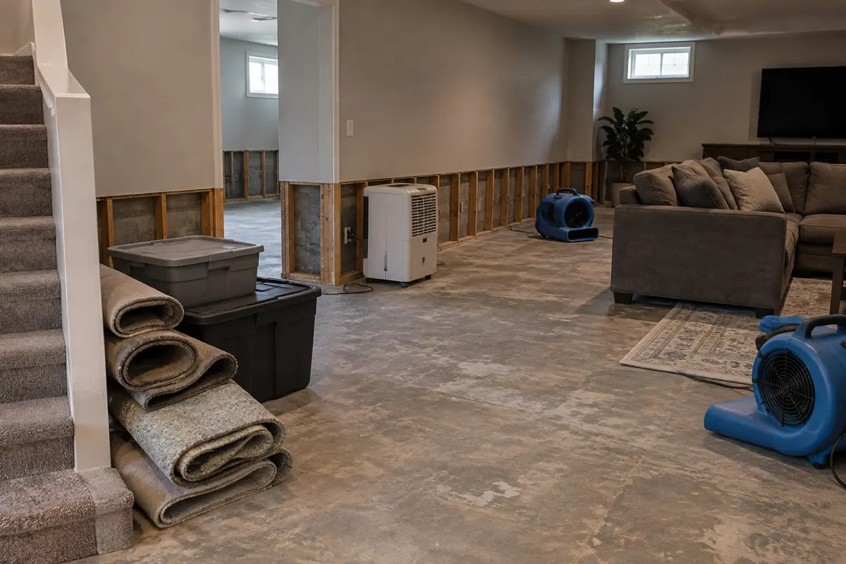 Illustration: a finished basement with a flood cut, carpet rolled up and drying equipment on the slab
