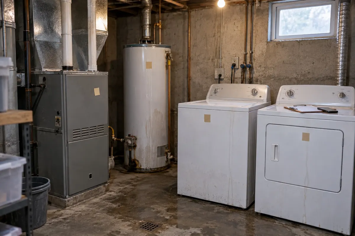 Illustration: basement appliances marked for documentation, with a clipboard on the dryer and a dried water line