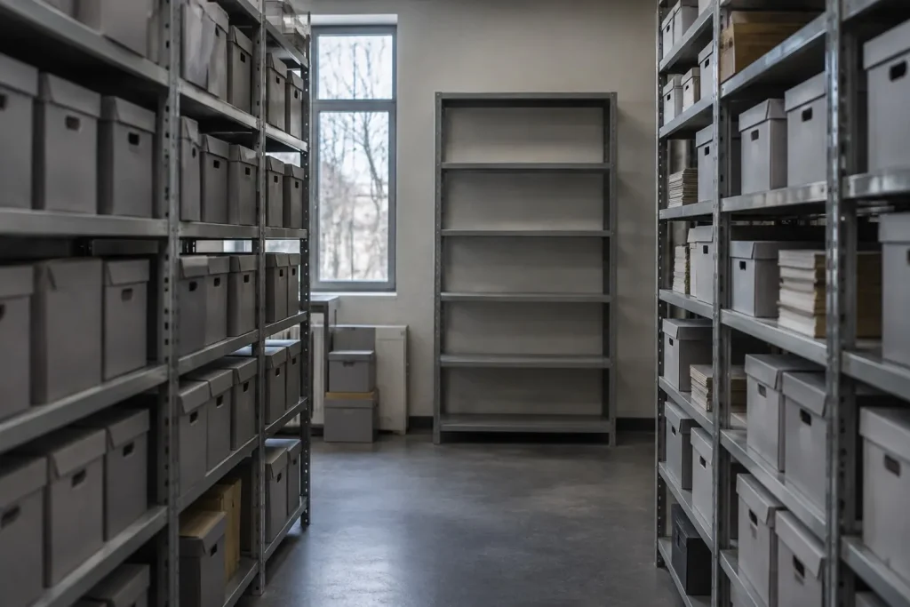 Illustration: an archive of document boxes on steel shelving with one shelf left empty.