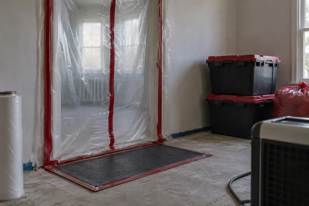Illustration: a room sealed with plastic sheeting for biohazard remediation, with a step-off mat and rigid disposal containers.