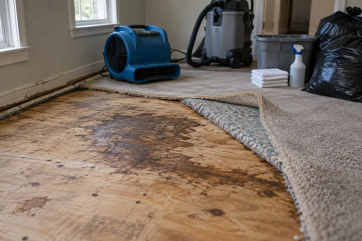 Illustration: a subfloor with carpet and pad cut away showing staining beneath, with sealed disposal bags nearby.