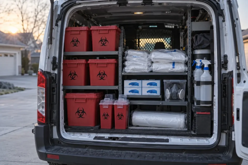 Illustration: a biohazard cleanup service van loaded with waste boxes, protective equipment and cleaning supplies