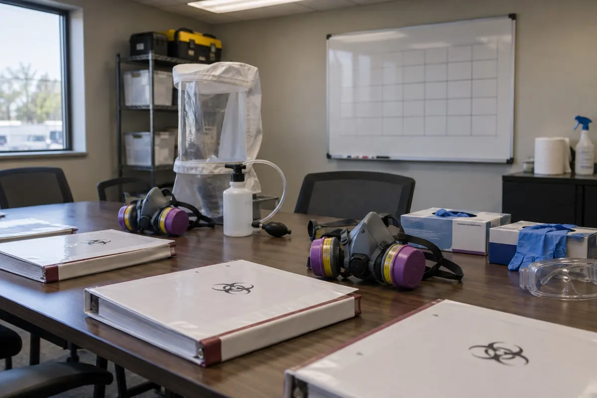 Illustration: a training room set up for respirator fit testing and bloodborne pathogens training