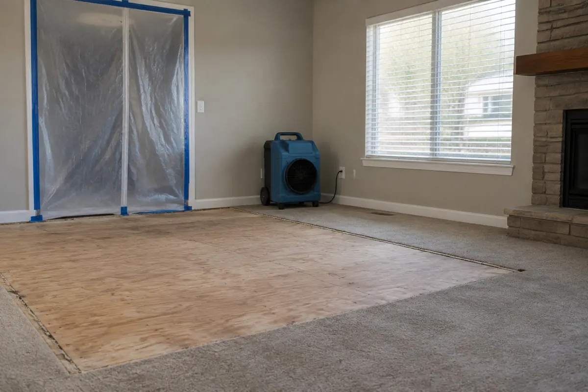 Illustration: a cleaned room with carpet removed, containment sheeting at the doorway and an air scrubber