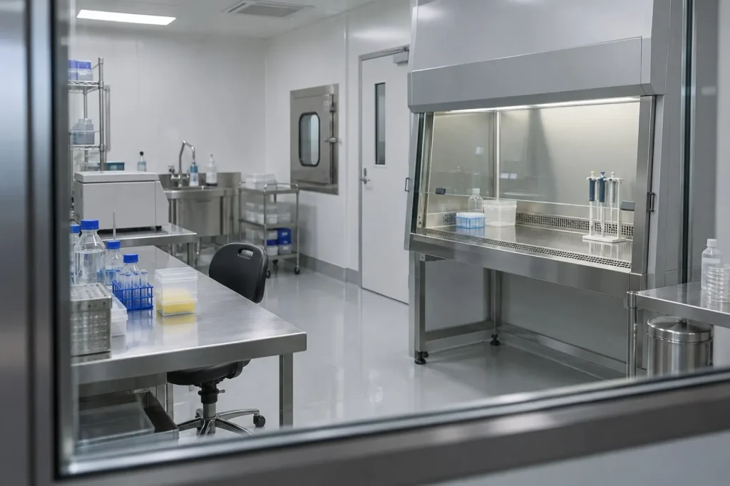 Illustration: an empty containment laboratory with a closed biological safety cabinet seen through a sealed window
