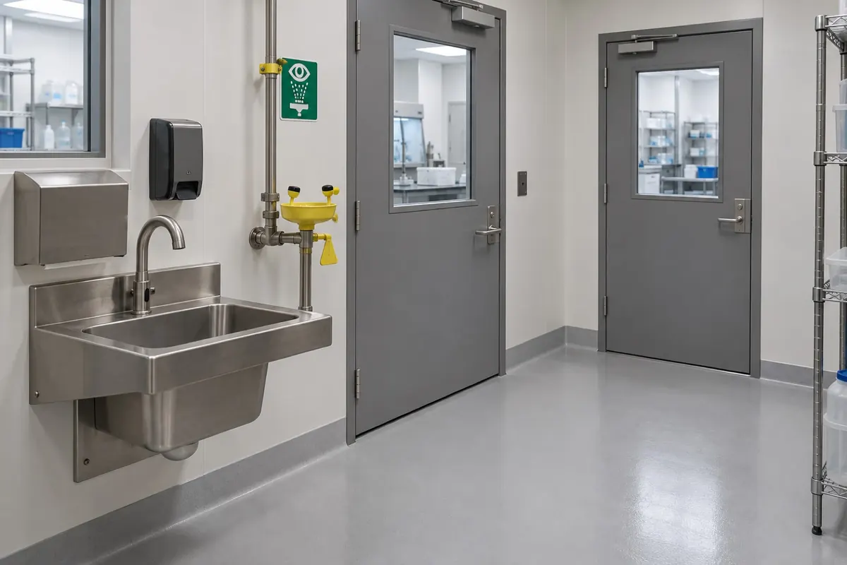 Illustration: a laboratory anteroom with two self-closing doors and a hands-free sink