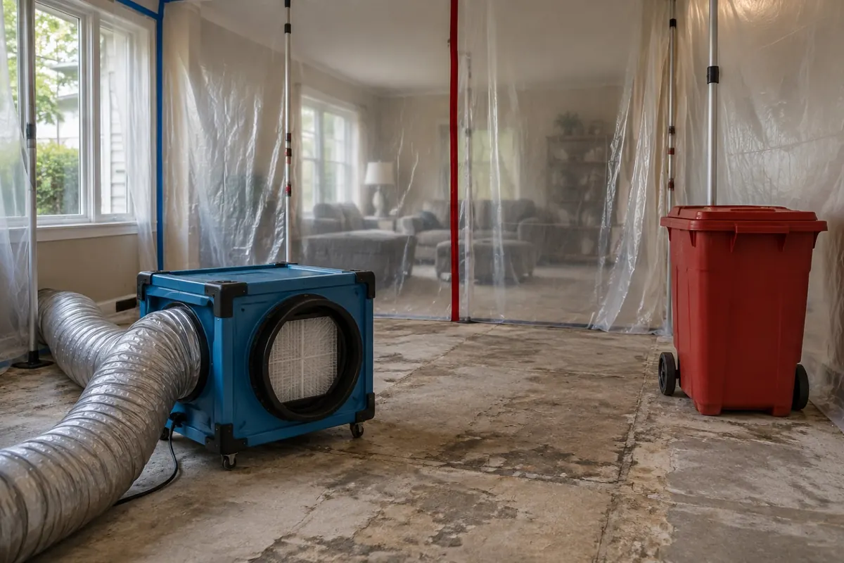 Illustration: a residential room set up with plastic containment, an air scrubber and a waste container