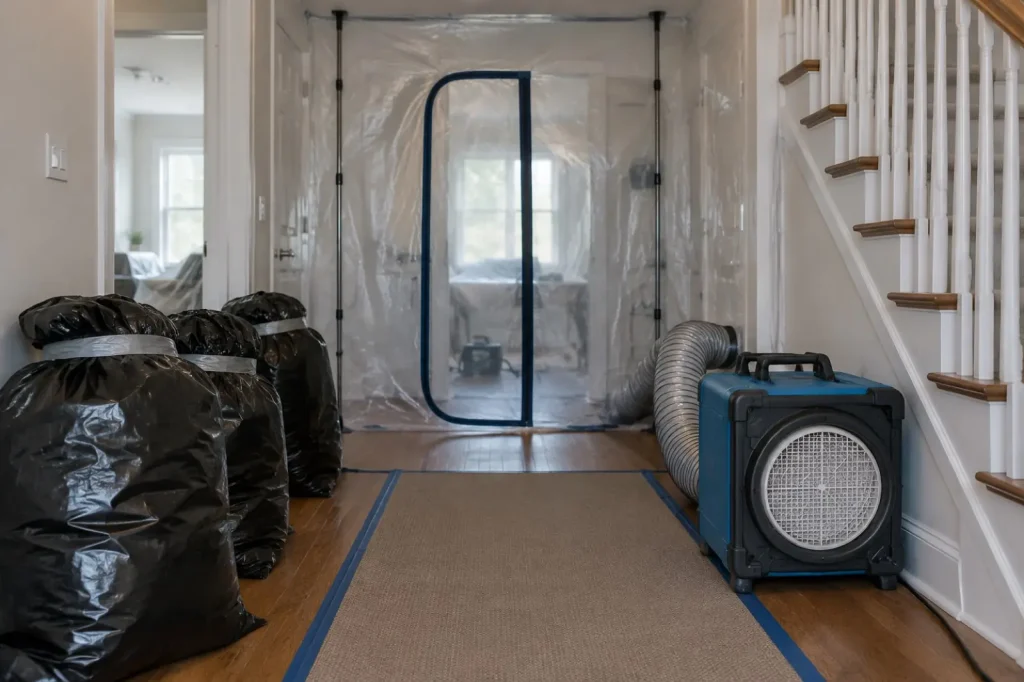 Illustration: a containment zone with plastic sheeting, an air scrubber and sealed waste bags