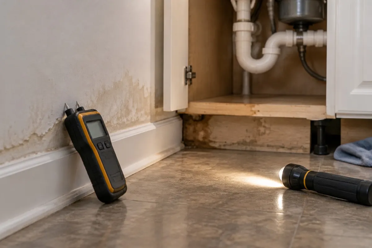 Illustration: a moisture meter held against drywall beside a sink cabinet