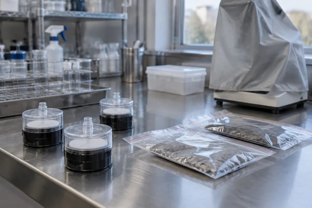 Illustration: sealed mold sampling cassettes and bags on a lab bench