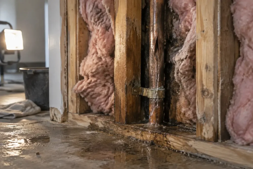 Illustration: a split copper supply pipe inside an opened wall cavity with water staining down the studs.