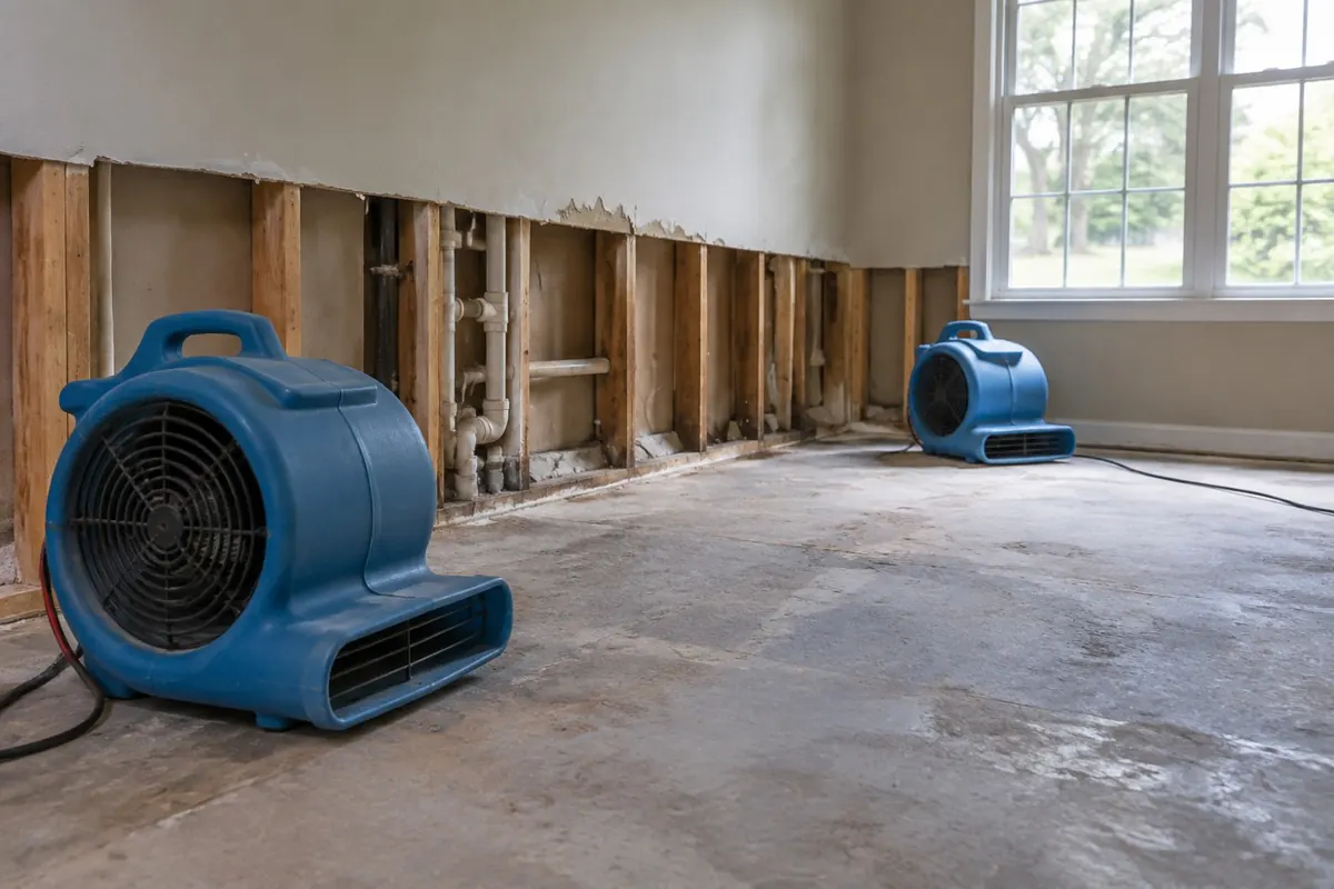 Illustration: a room after a supply line failure with baseboard removed, drywall cut back and air movers running.