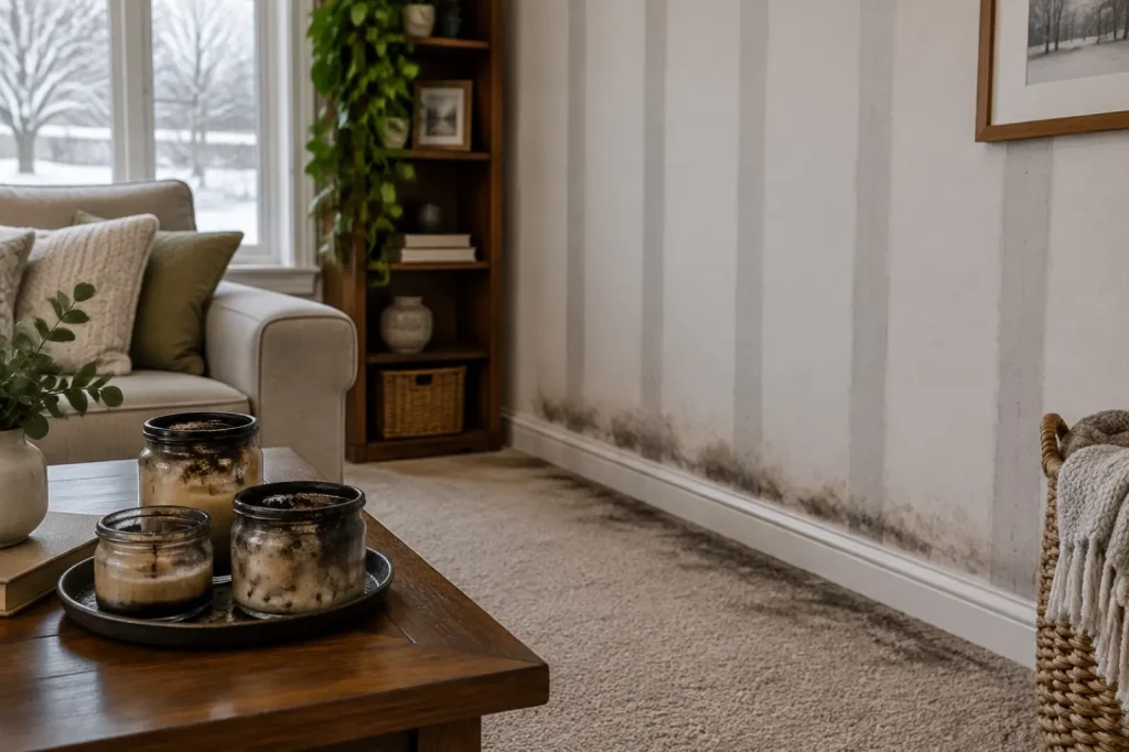 Illustration: faint grey stripes over wall studs and a dark carpet edge near burned jar candles