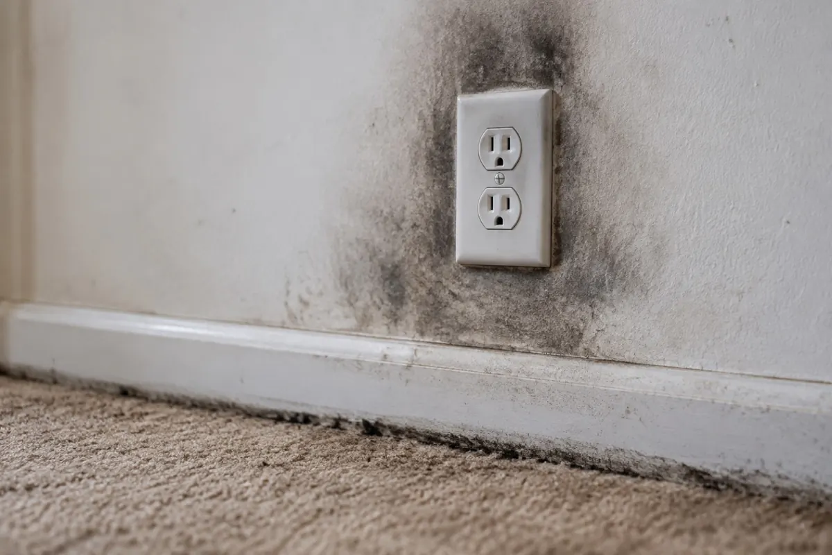 Illustration: a grey soot halo around a wall outlet and a dark line at the carpet edge