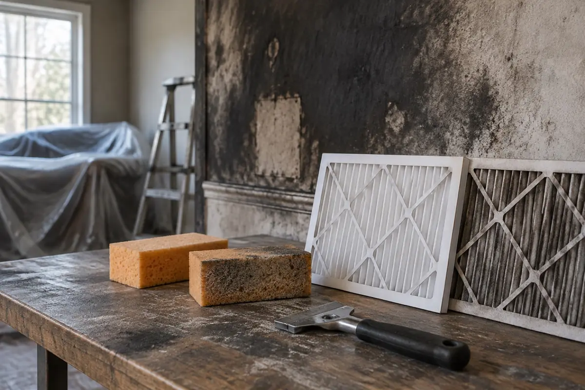 Illustration: dry cleaning sponges and a clean and a soot-greyed HVAC filter side by side