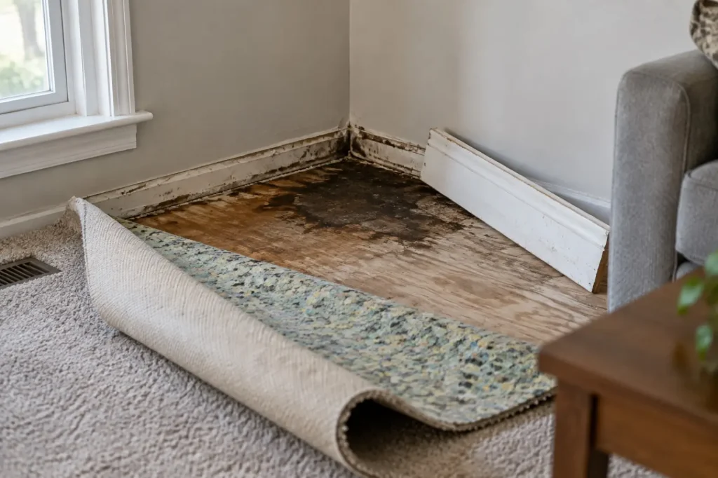 Illustration: carpet pulled back to show a stained pad and a dark patch on plywood subfloor