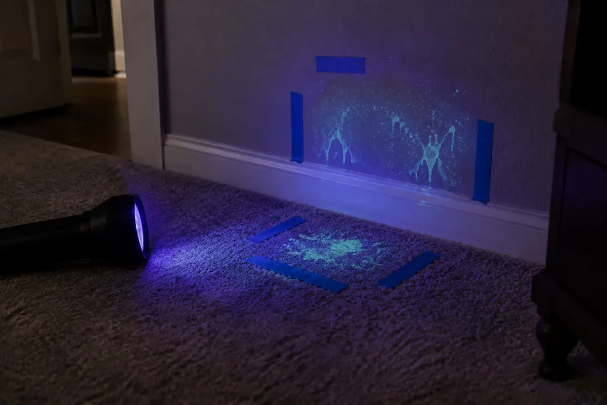 Illustration: a UV light showing glowing marks low on a wall, marked with tape