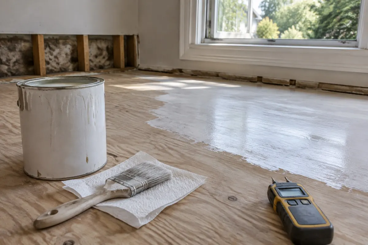 Illustration: plywood subfloor partly coated with white primer, a moisture meter beside it