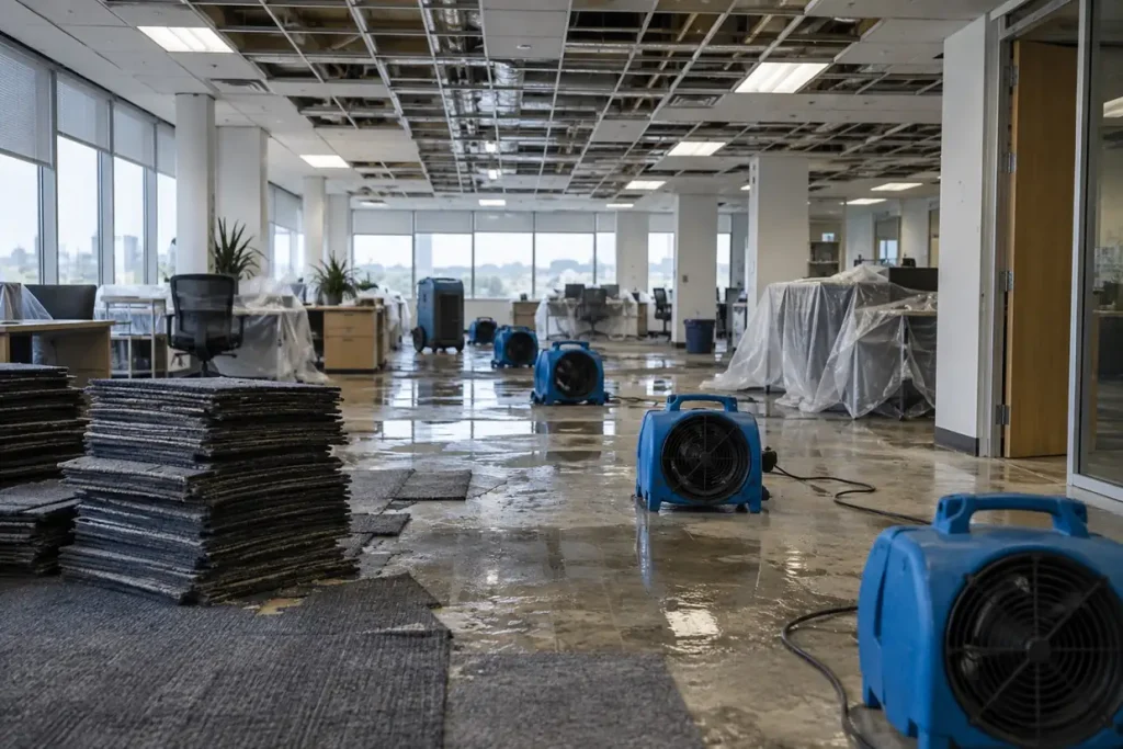 Illustration: a commercial office floor under drying, with lifted carpet tiles, air movers and removed ceiling tiles.