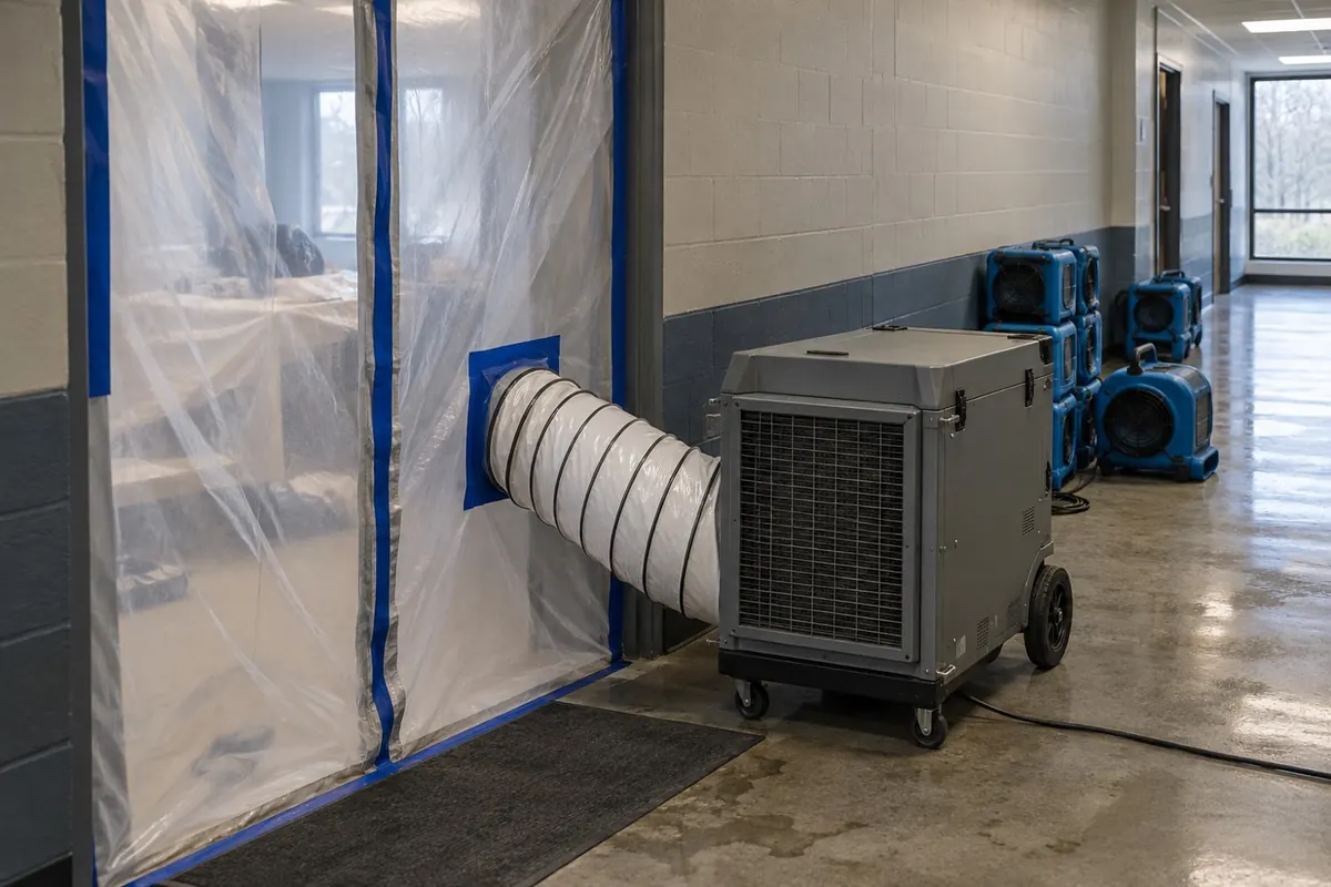 Illustration: a commercial corridor with containment sheeting and a desiccant dehumidifier.