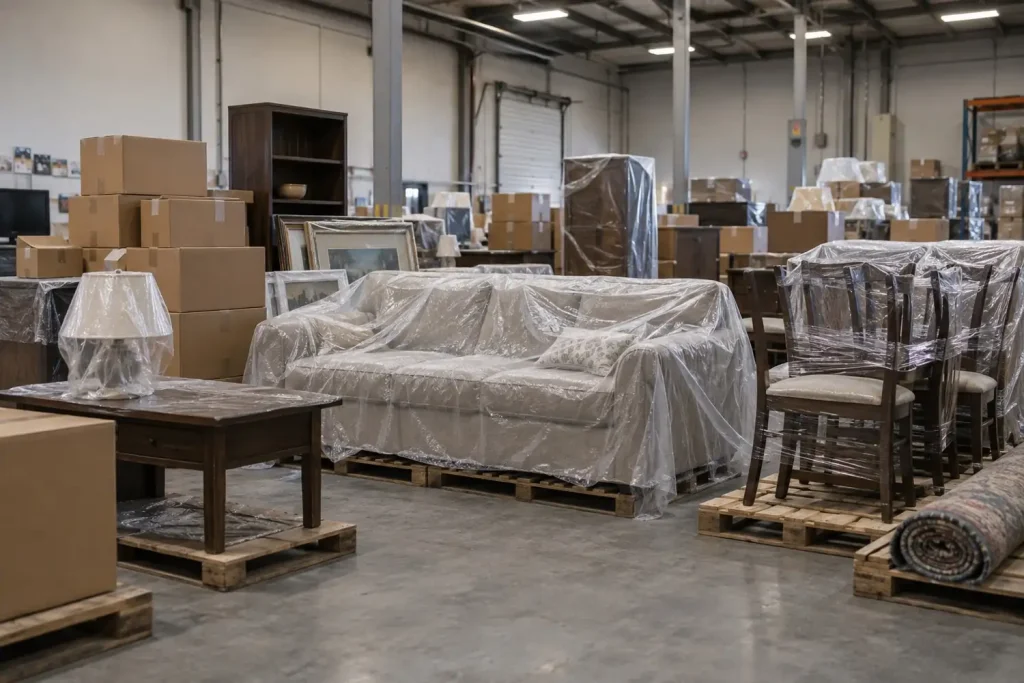 Illustration: household contents removed from a flooded home and arranged on pallets in a warehouse for assessment.