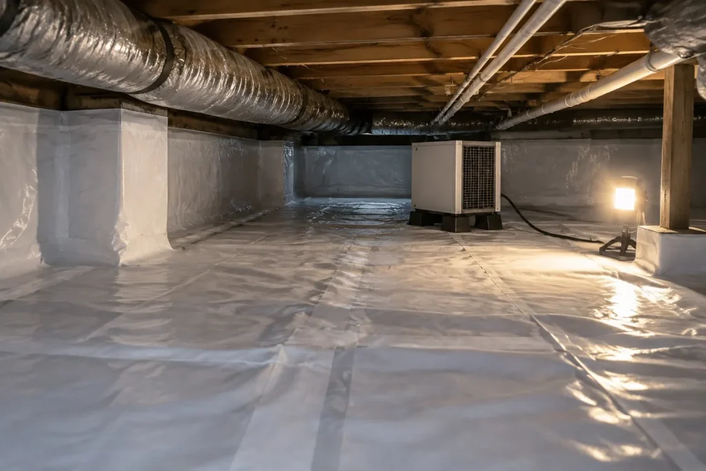 Illustration: a crawl space lined with taped vapour barrier sheeting and a dehumidifier running.