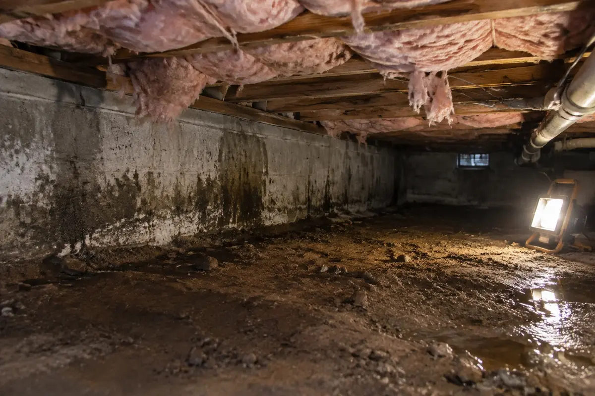 Illustration: an unencapsulated crawl space with bare earth, sagging insulation and moisture staining.