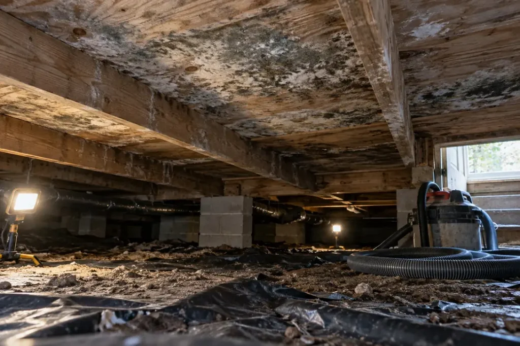 Illustration: a crawl space with growth on the joists and subfloor and a HEPA vacuum near the access