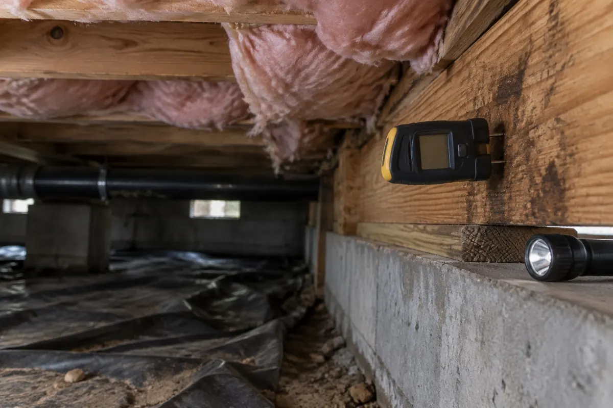 Illustration: a moisture meter on a floor joist in a crawl space