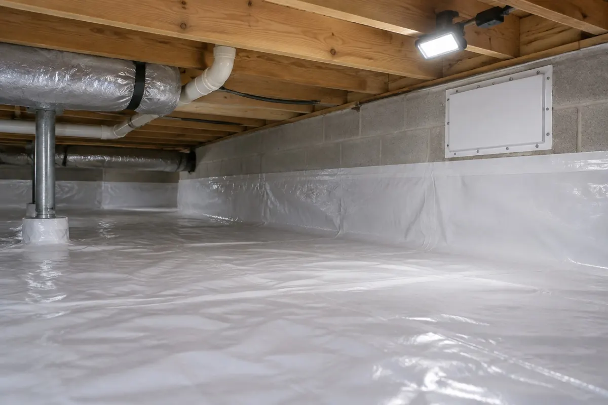 Illustration: a crawl space with a sealed white liner on the ground and walls