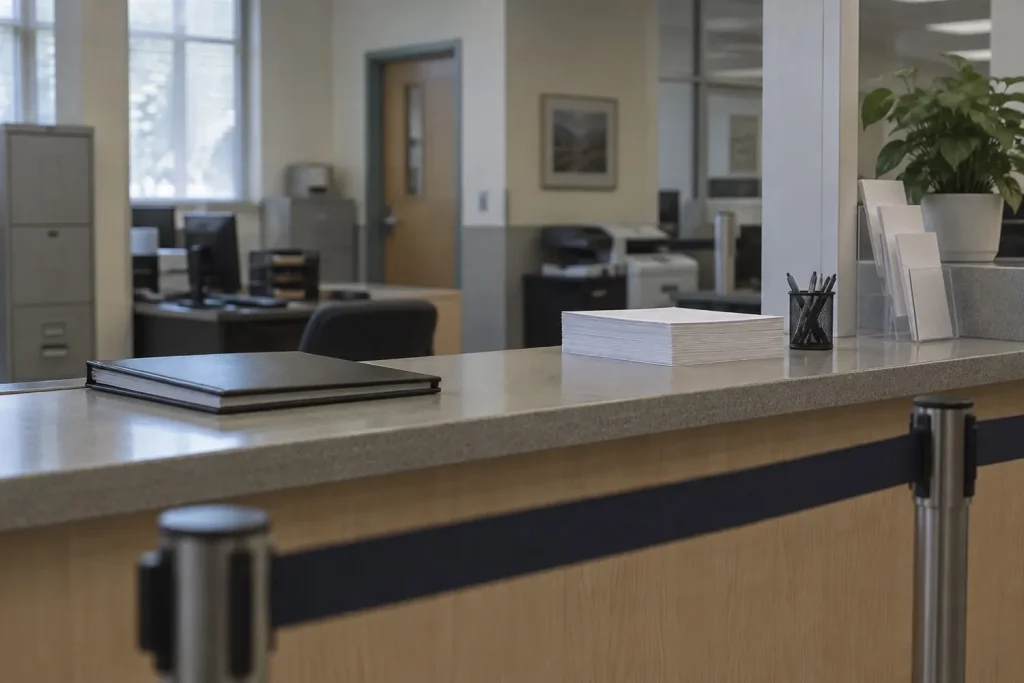 Illustration: a government assistance counter with a ledger and blank forms.