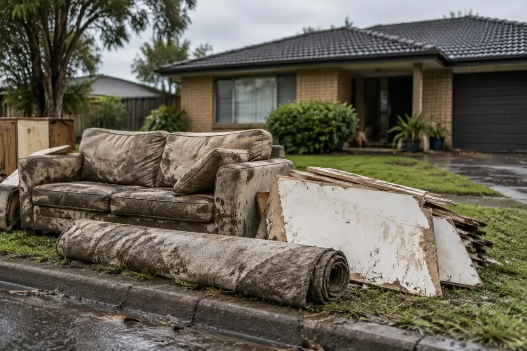 Illustration: flood-damaged furniture and drywall piled at the kerb.
