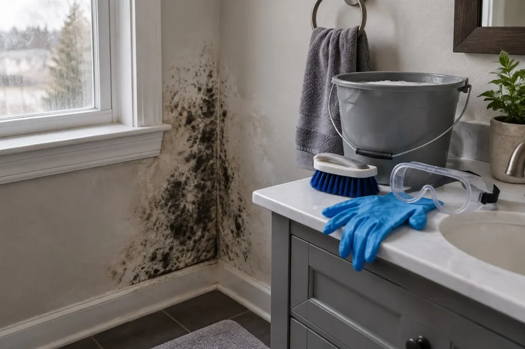 Illustration: cleaning supplies beside a small patch of mold on a bathroom wall.