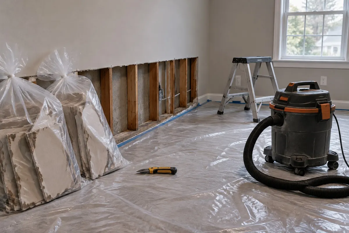 Illustration: moldy drywall cut out and sealed in plastic bags.