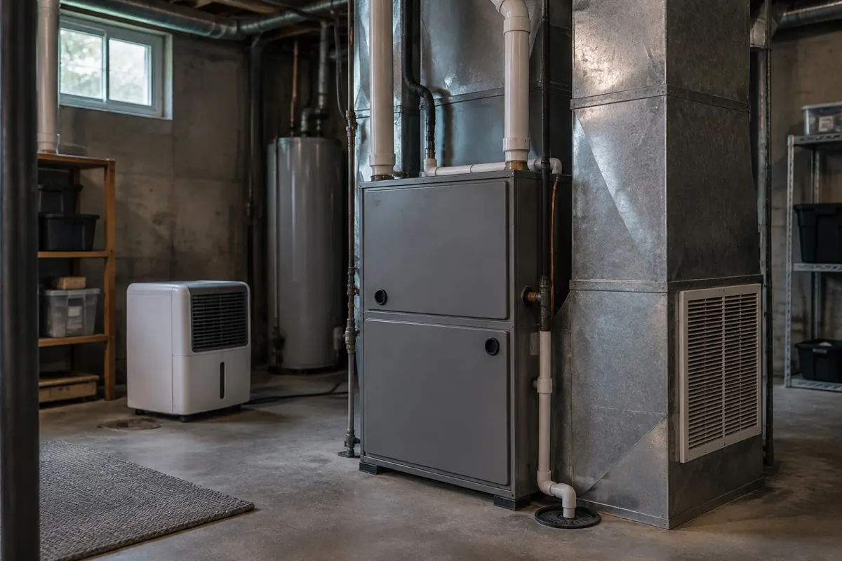 Illustration: a basement furnace and ductwork, where mold is a professional job.