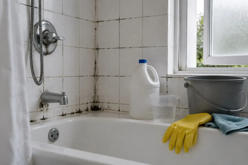 Illustration: a bleach jug, measuring cup and gloves beside mold on shower grout, with a window open for ventilation.