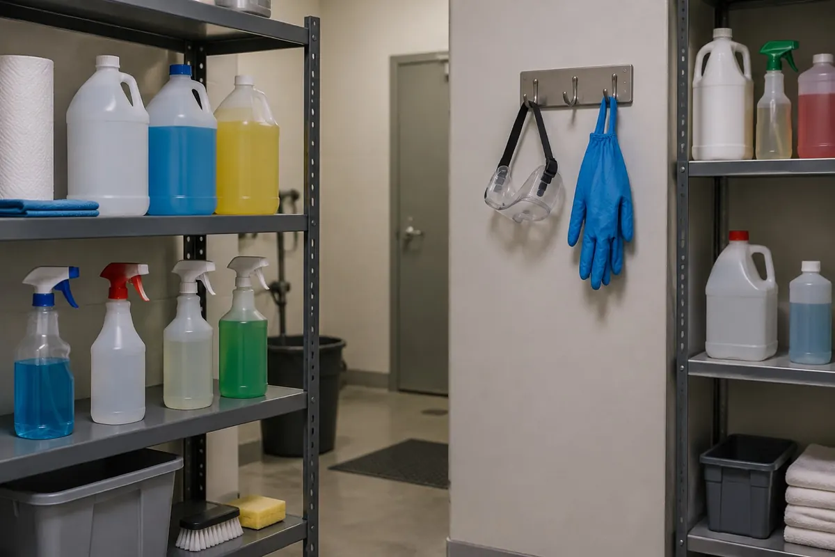 Illustration: cleaning chemicals stored apart on separate shelves, with goggles and gloves nearby.