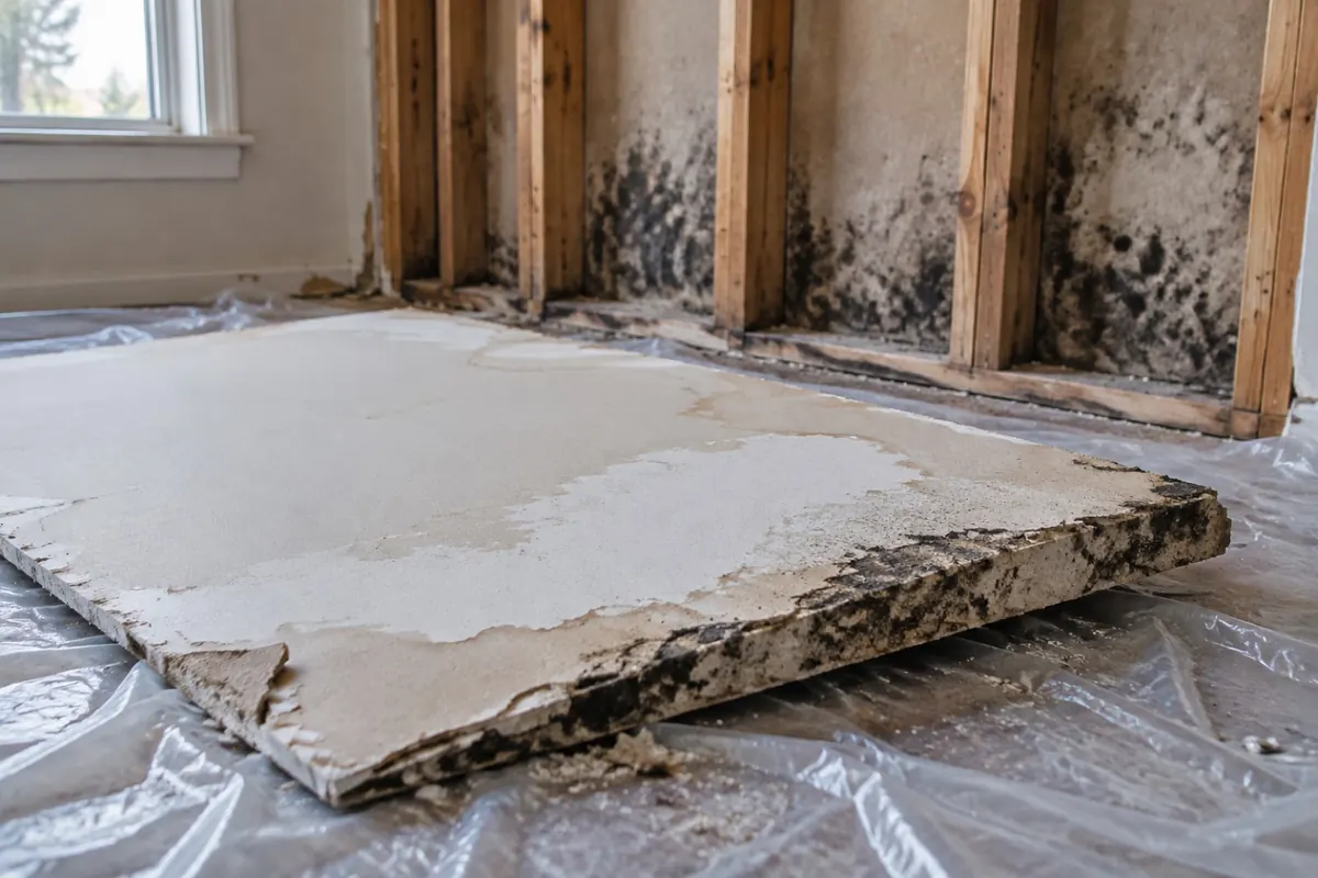 Illustration: removed drywall with a bleached face and mold still visible at the cut edge.