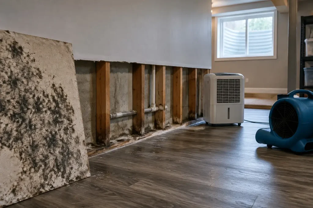 Illustration: basement drywall cut away after a pipe leak, with mold on the removed board and drying equipment running