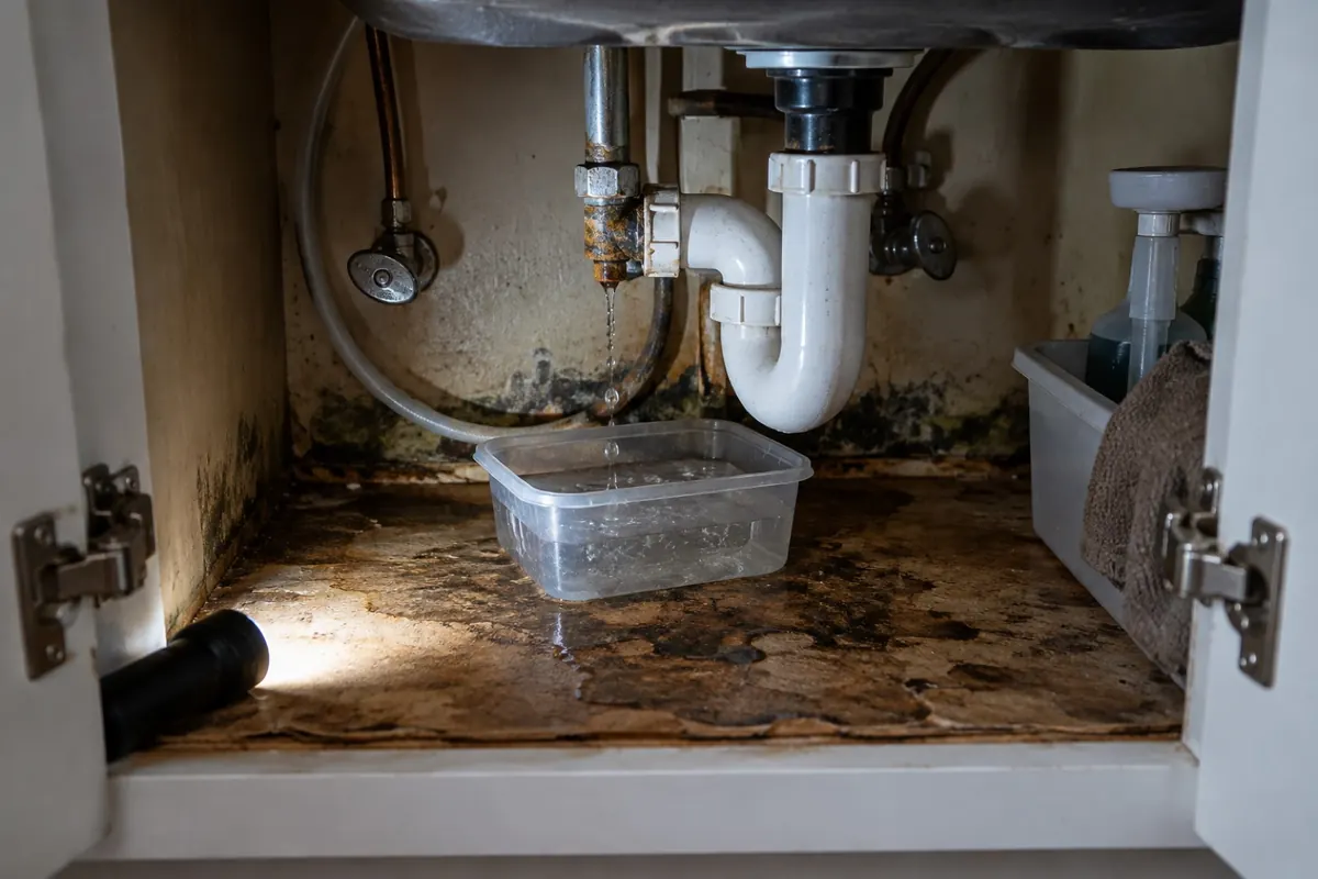 Illustration: slow drip under a kitchen sink with a stained, warped cabinet floor and growth along the back edge